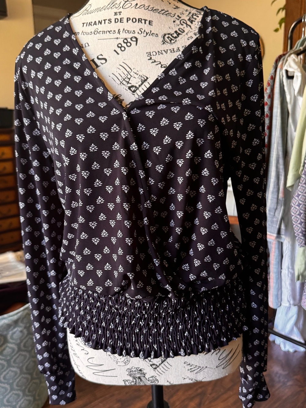 Kaileigh Black Long-Sleeve Surplice Top with White Micro Floral